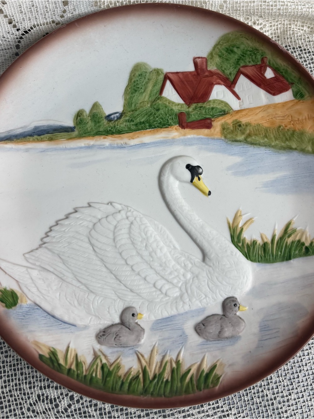 Hand-Painted White Swan Ceramic Wall Plate with Countryside Scene